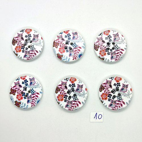 6 boutons fantaisie en bois multicolore avec fleur (chouette) - 30mm - 10
