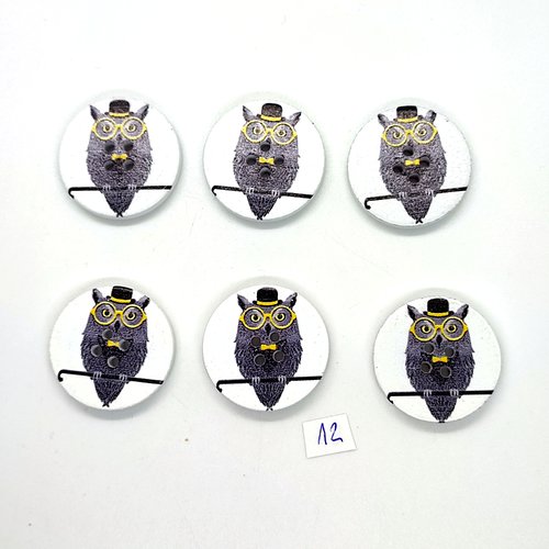 6 boutons fantaisie en bois noir avec lunette (chouette) - 30mm - 12