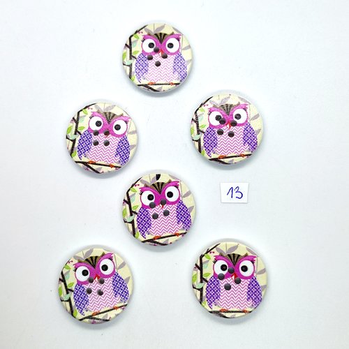 6 boutons fantaisie en bois jaune clair - rose et violet (chouette) - 30mm - 13
