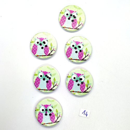 6 boutons fantaisie en bois vert d'eau et rose (chouette) - 30mm - 14