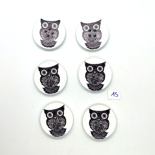 6 boutons fantaisie en bois blanc et noir (chouette) - 30mm - 15