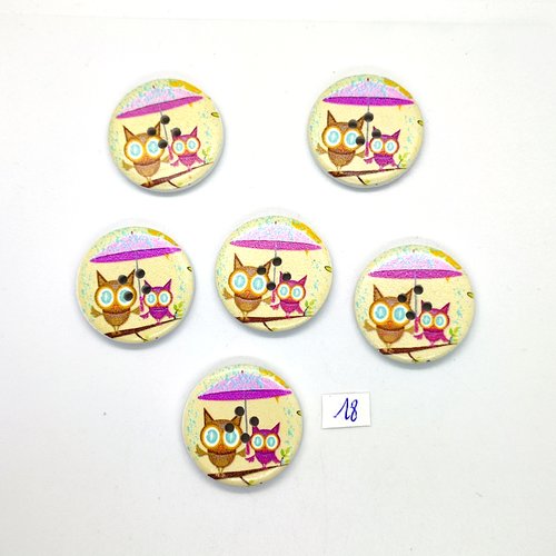 6 boutons fantaisie en bois jaune et multicolore (chouette) - 30mm - 18