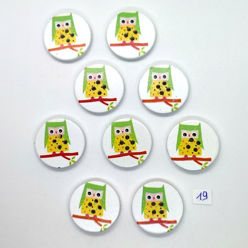 9 boutons fantaisie en bois vert et jaune (chouette) - 30mm - 19