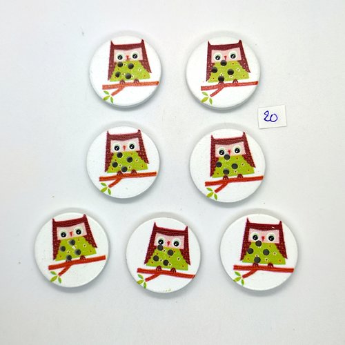 7 boutons fantaisie en bois vert et marron (chouette) - 30mm - 20