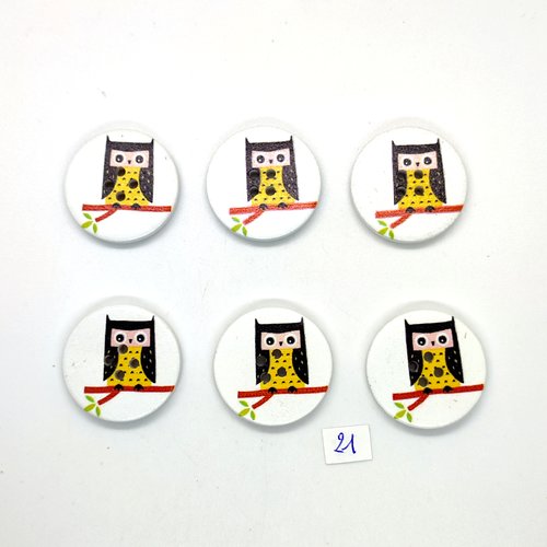 6 boutons fantaisie en bois noir et jaune (chouette) - 30mm - 21