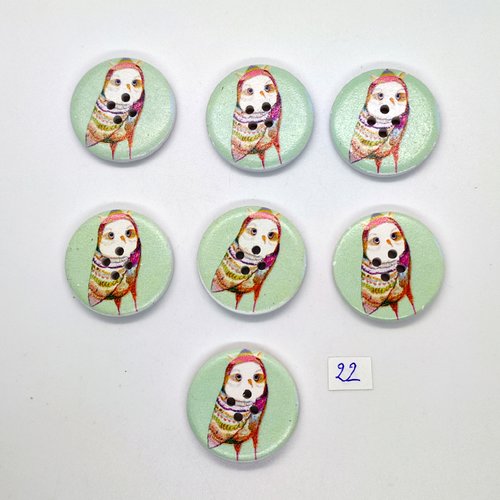 7 boutons fantaisie en bois vert et multicolore (chouette) - 30mm - 22