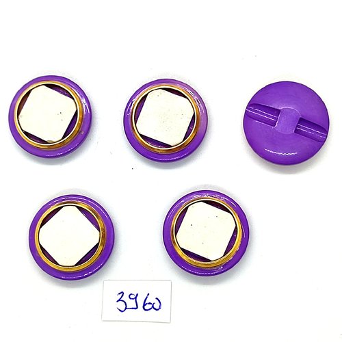 5 boutons en résine lilas blanc et doré - 22mm - tr3960