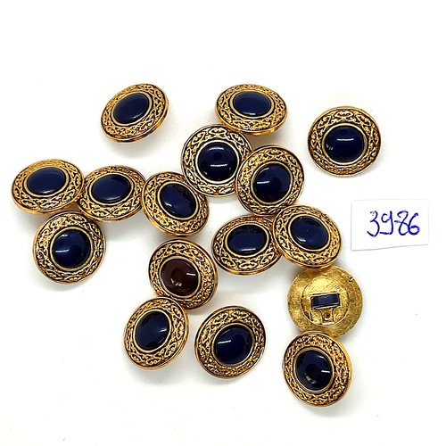 16 boutons en résine doré et bleu foncé - 15mm - tr3986