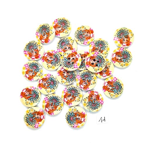 24 boutons en bois fleur multicolore - 18mm