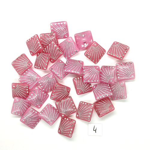 30 boutons en résine avec strass rose et argenté - 14x14mm
