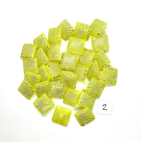30 boutons en résine avec strass jaune et argenté - 14x14mm