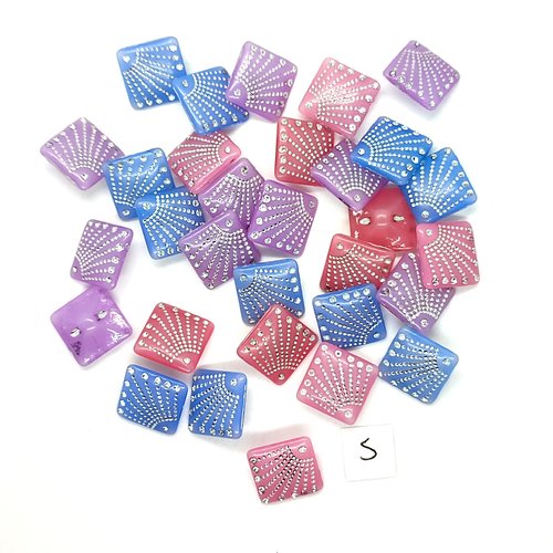 30 boutons en résine avec strass bleu - rose - lilas et argenté - 14x14mm