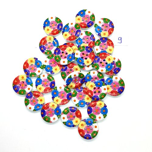 25 boutons en bois fleur multicolore - 18mm