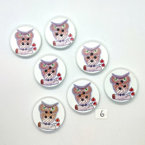 7 boutons fantaisie en bois blanc et rose (chouette) - 30mm - 6