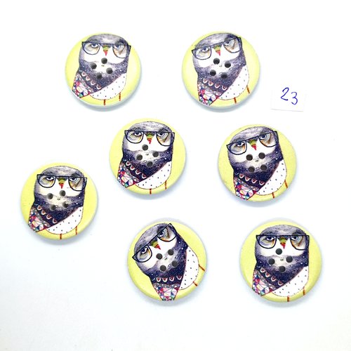7 boutons fantaisie en bois fond jaune - noir et multicolore (chouette) - 30mm - 23