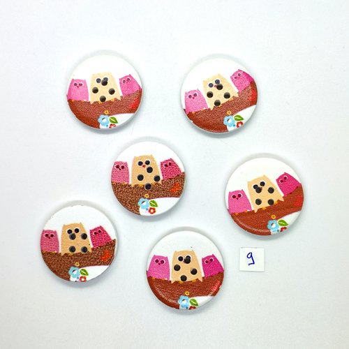 6 boutons fantaisie en bois rose - orange (chouette) - 30mm - 9