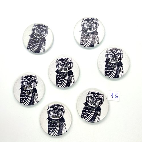 6 boutons fantaisie en bois noir et fond blanc (chouette) - 30mm - 16