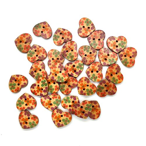 30 boutons en bois forme coeur multicolore - 15x17mm