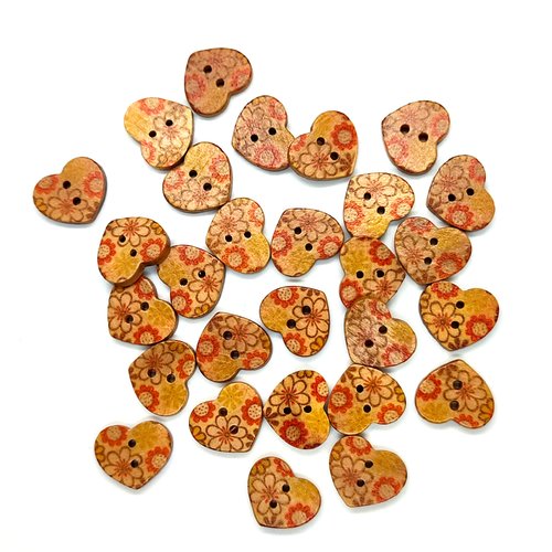 28 boutons en bois forme coeur - fleur orange  - 15x17mm