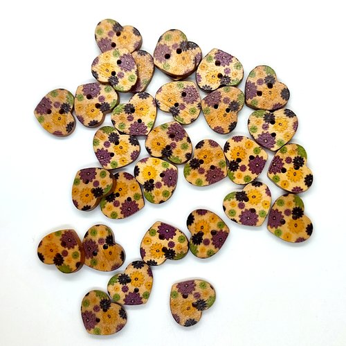 30 boutons en bois forme coeur - fleur violette et jaune - 15x17mm
