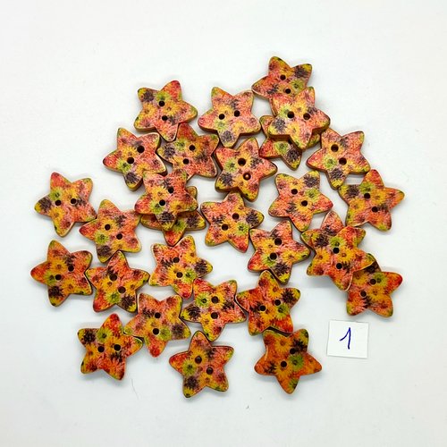 30 boutons en bois fantaisie multicolore (une étoile) - 17mm - 1