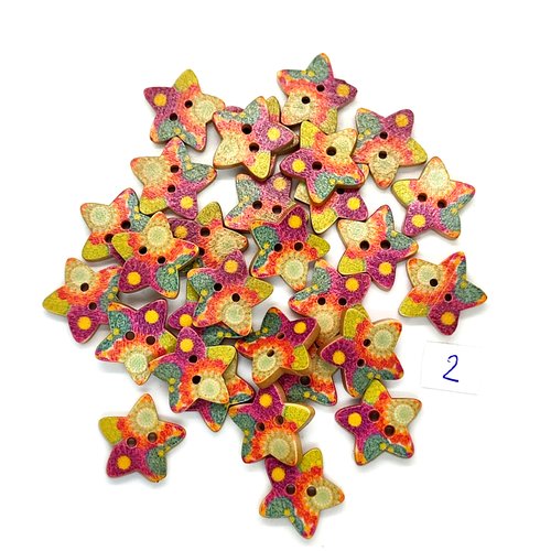 30 boutons en bois fantaisie multicolore (une étoile) - 17mm - 2