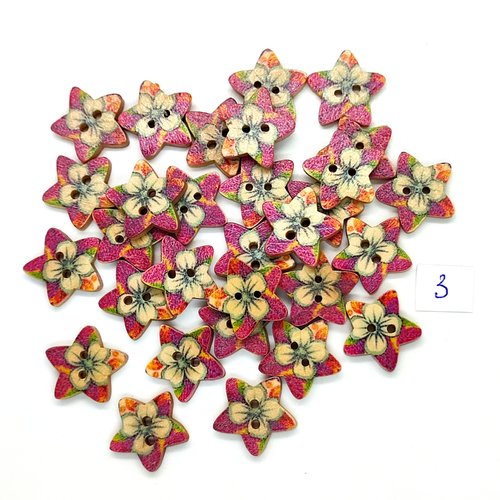 30 boutons en bois fantaisie multicolore (une étoile) - 17mm - 3