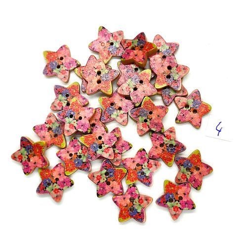 30 boutons en bois fantaisie multicolore (une étoile) - 17mm - 4