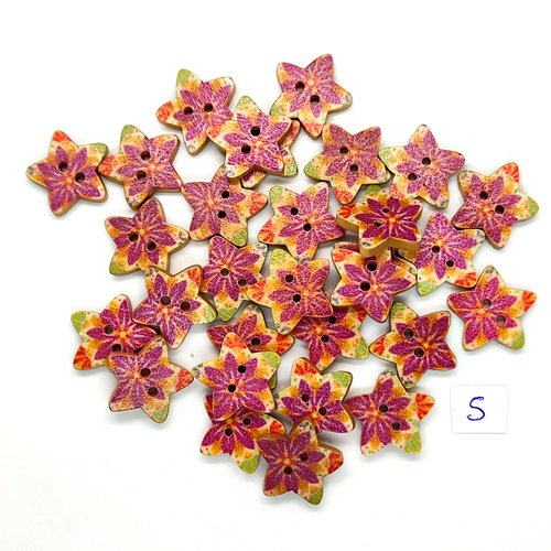 30 boutons en bois fantaisie multicolore (une étoile) - 17mm - 5