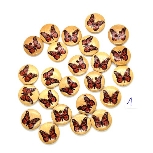 24 boutons en bois fantaisie des papillons rouge / orangé - 15mm - 1