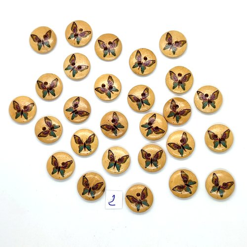 37 boutons en bois fantaisie des papillons bleu et marron - 15mm - 2