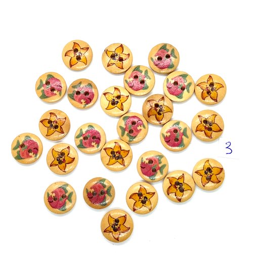 25 boutons en bois fantaisie étoiles de mer et poissons  - rose et jaune - 15mm - 3