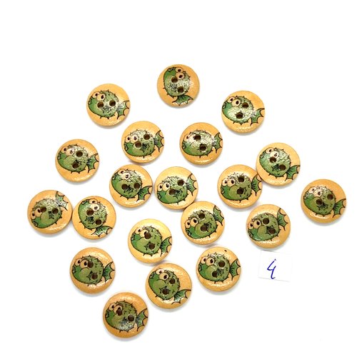 20 boutons en bois fantaisie poissons bleu / vert  - 15mm - 4