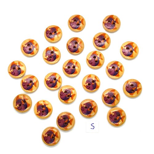 24 boutons en bois fantaisie poissons bleu et mauve  - 15mm - 5