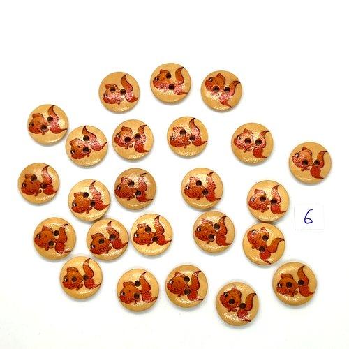 22 boutons en bois fantaisie poissons orange - 15mm - 6