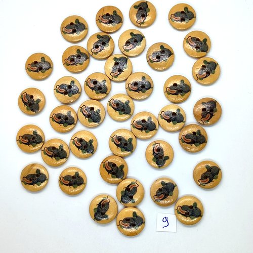 38 boutons en bois fantaisie poissons bleu - 15mm - 9