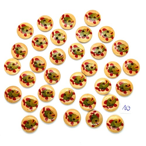 34 boutons en bois fantaisie poissons vert et rouge - 15mm - 10