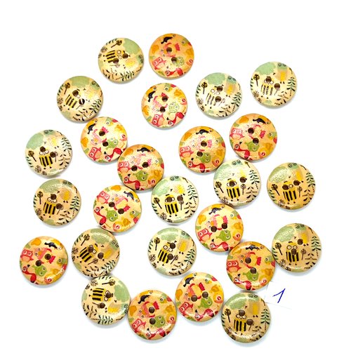 26 boutons en bois fantaisie chouette multicolore - 20mm - 1
