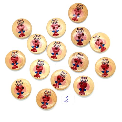 15 boutons en bois fantaisie chouette multicolore - 20mm - 2