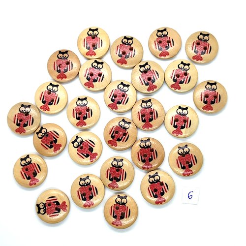 26 boutons en bois fantaisie chouette multicolore - 20mm - 6
