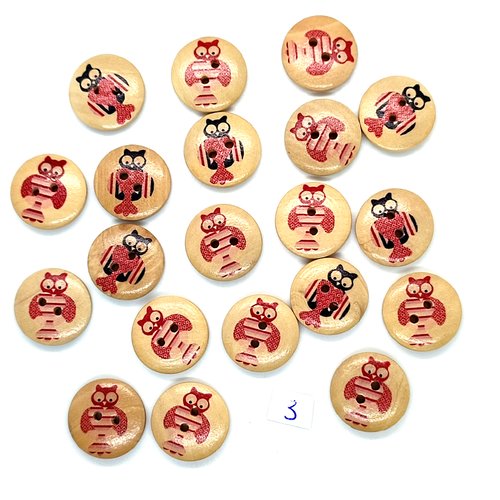 20 boutons en bois fantaisie chouette multicolore - 20mm - 3