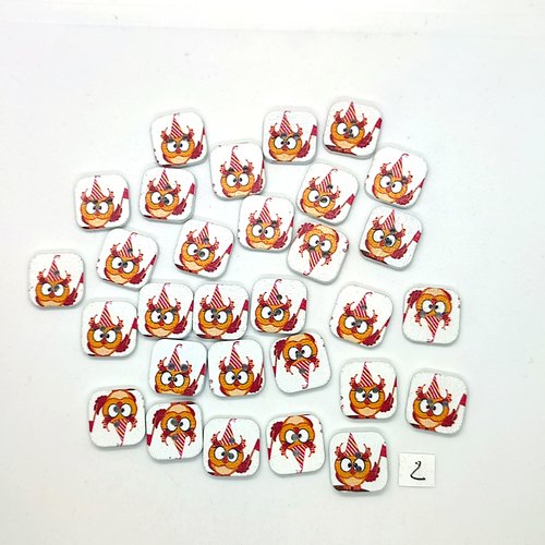 30 boutons en bois fantaisie - chouette multicolore - 15x15mm - 2