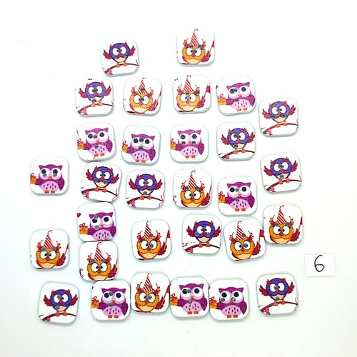 30 boutons en bois fantaisie - chouette multicolore - 15x15mm - 6