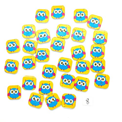 30 boutons en bois fantaisie - chouette multicolore - 15x15mm - 8