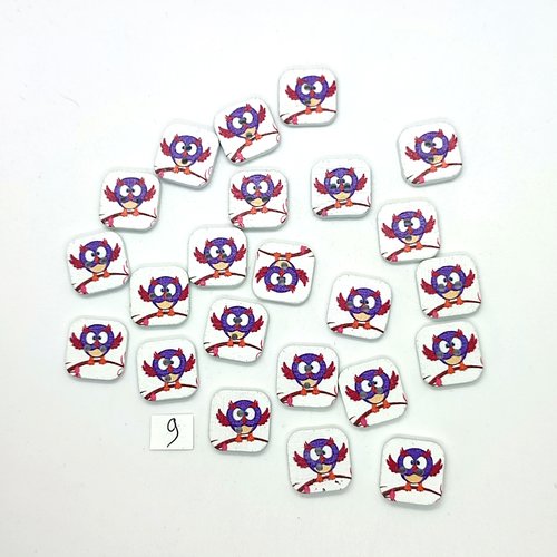 30 boutons en bois fantaisie - chouette multicolore - 15x15mm - 9
