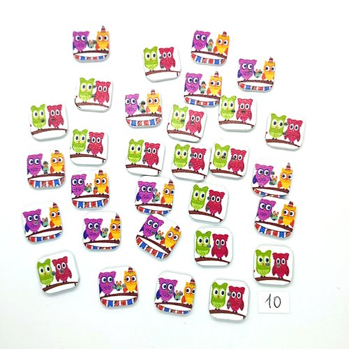 30 boutons en bois fantaisie - chouette multicolore - 15x15mm - 10