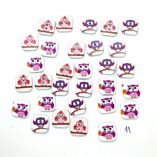 30 boutons en bois fantaisie - chouette multicolore - 15x15mm - 11