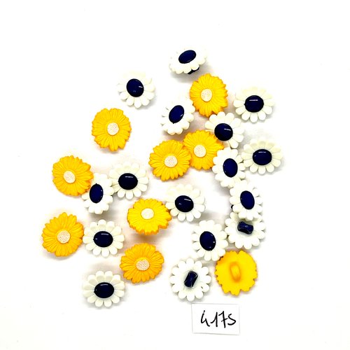 25 boutons en résine blanc bleu et jaune (fleur) - 14mm et 15mm - tr4175