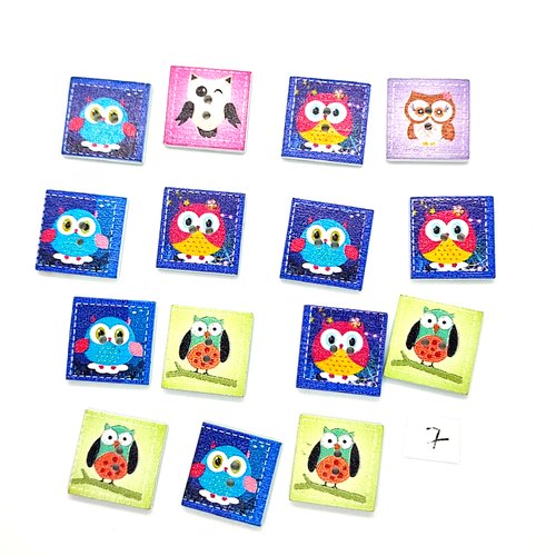 15 boutons en bois fantaisie chouette multicolore - 20x20mm - 7