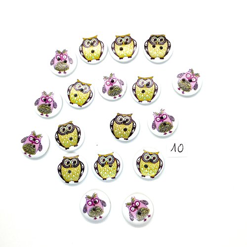 18 boutons en bois fantaisie - chouette multicolore - 18mm - 10